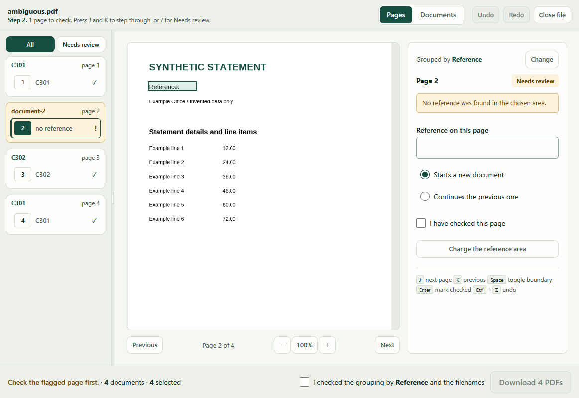 A page flagged for review: it is marked with an exclamation mark inside its own document block in the list, and the panel beside the preview shows its reference, where it belongs and whether it has been checked.