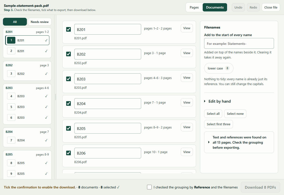 The Documents tab: every filename listed on the left with its page range, and the Filenames panel on the right holding the prefix field, the suggestion buttons and Edit by hand.